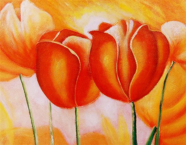 Schilderij van rode en oranje klaprozen