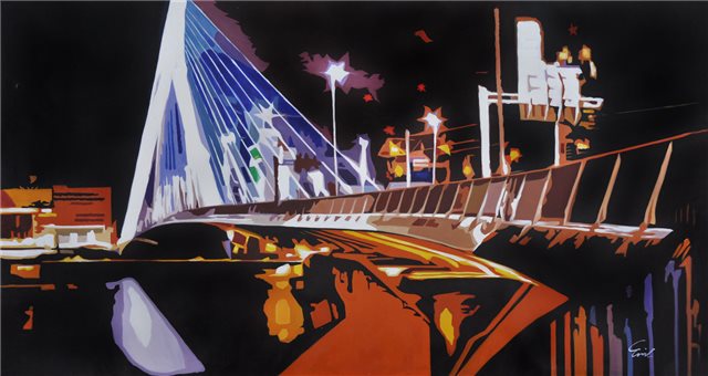 Abstract schilderij van de Erasmusbrug in Rotterdam.
