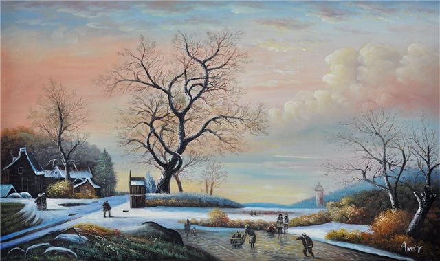 Schilderij schaatsend in de polder