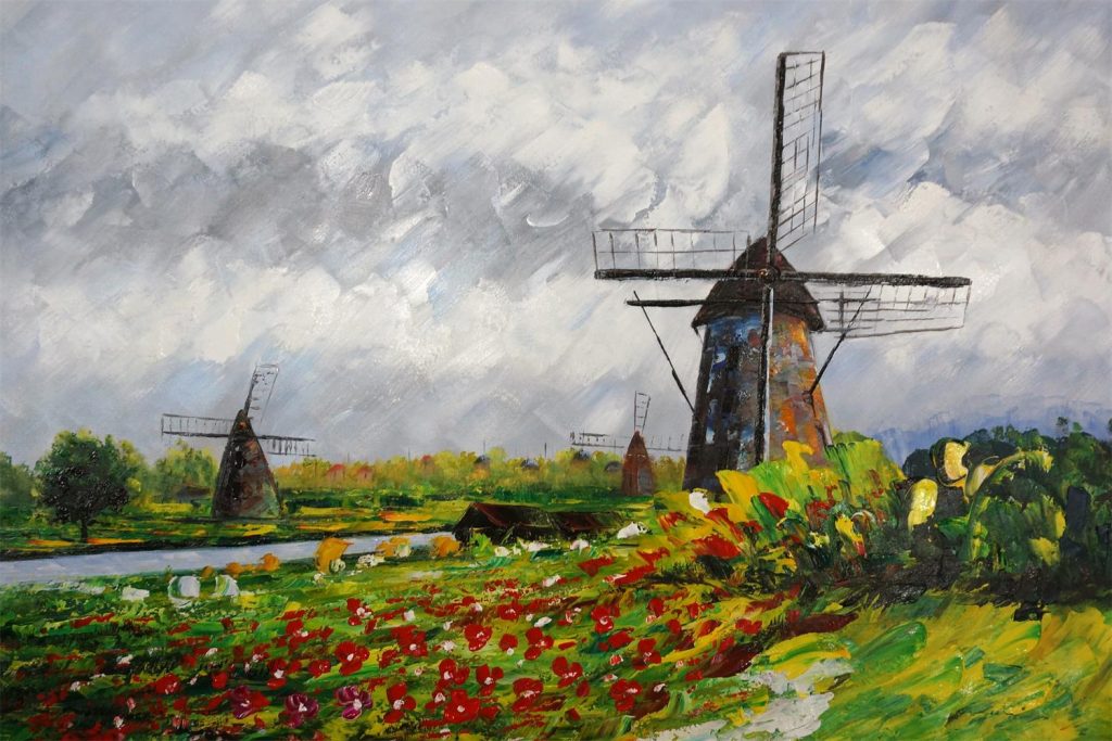 schilderij molens in hollands landschap