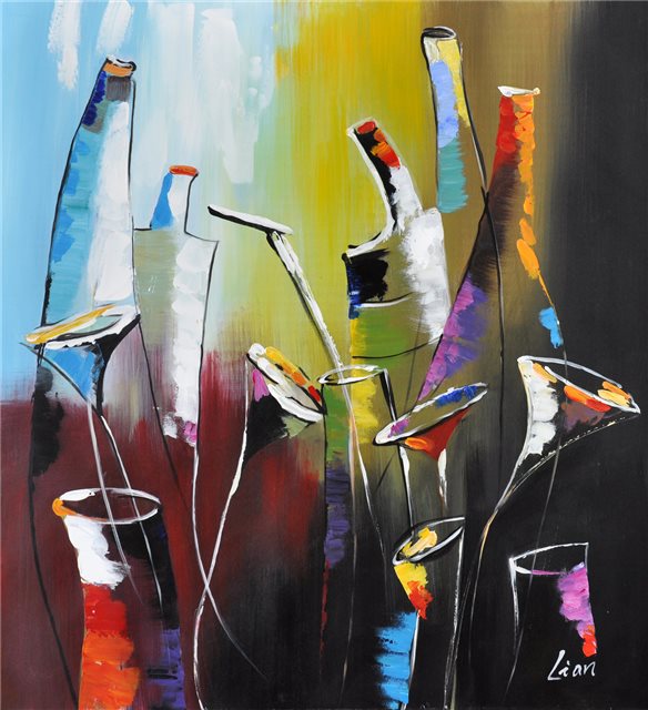 Schilderij van allerlei kruiken en glazen