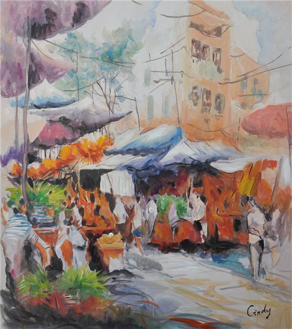Schilderij van een markt in Porto