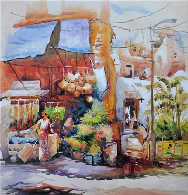 Schilderij van een marktkraampje in Istanboel.