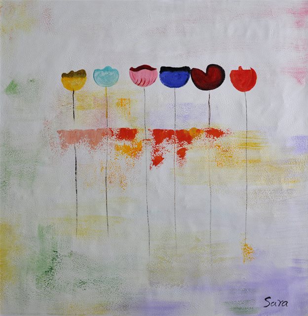 Schilderij van zes tulpen op een rij.