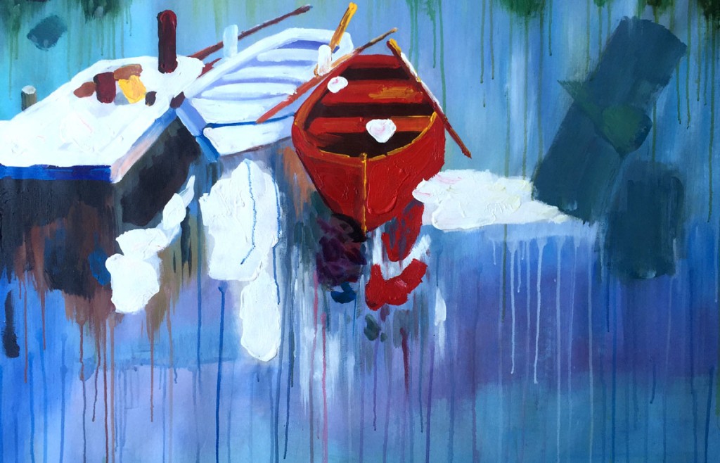 kleurrijk schilderij bootje aan de stijger