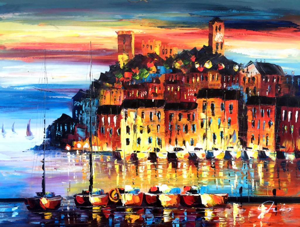 paletschilderij kleurrijk havenstadje