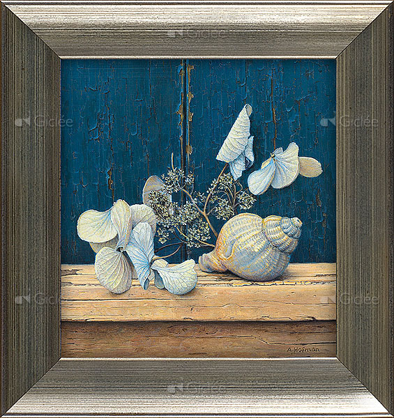 Schelp met hortensia