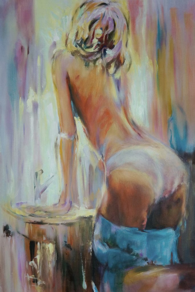 schilderij sexy dame in slip voor de spiegel