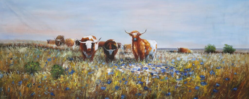 schilderij stieren in de wei met bloemenveld