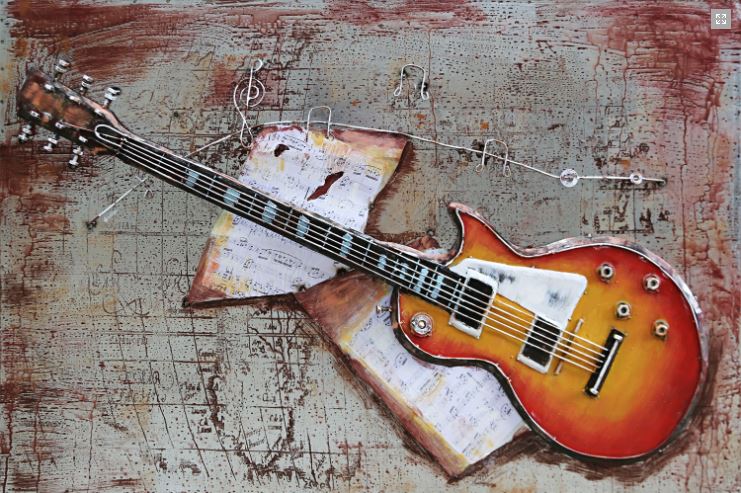 Metalen Schilderij Electrische Gitaar en Muzieknoten