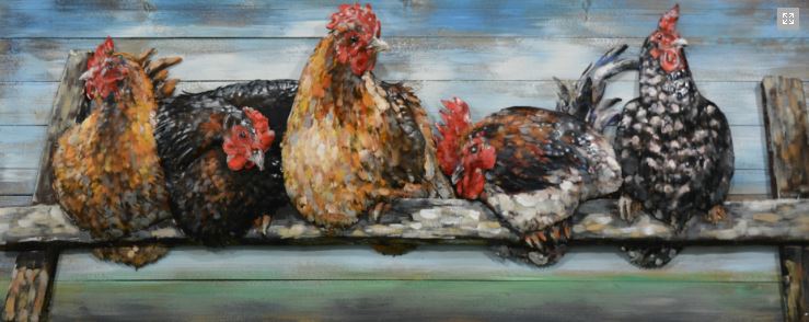 Metalen schilderij Kippen op een rij