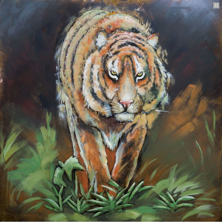 Metalen schilderij Tijger op de loer
