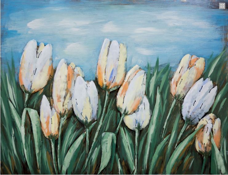 Metalen schilderij Tulpen langs het water