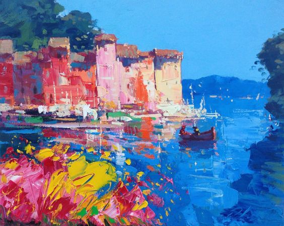 kleurrijk havenstadje blauw