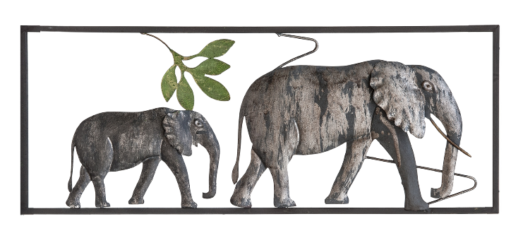 Olifantjes op stap metalen wanddeco