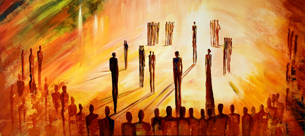 schilderij schimmige figuren oranje geel rood