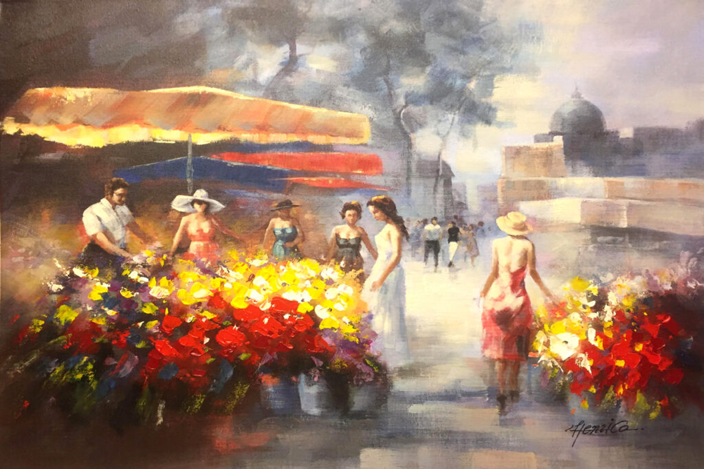 Schilderij Bloemenmarkt nabij Reims Frankrijk Personen EA-MA-1700018