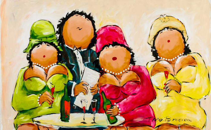 Terrasje Pikken Dikke Dames schilderij Theo Broeren