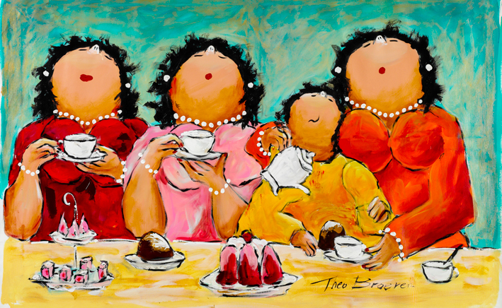Theeleutjes met Kind Dikke Dames schilderij Theo Broeren