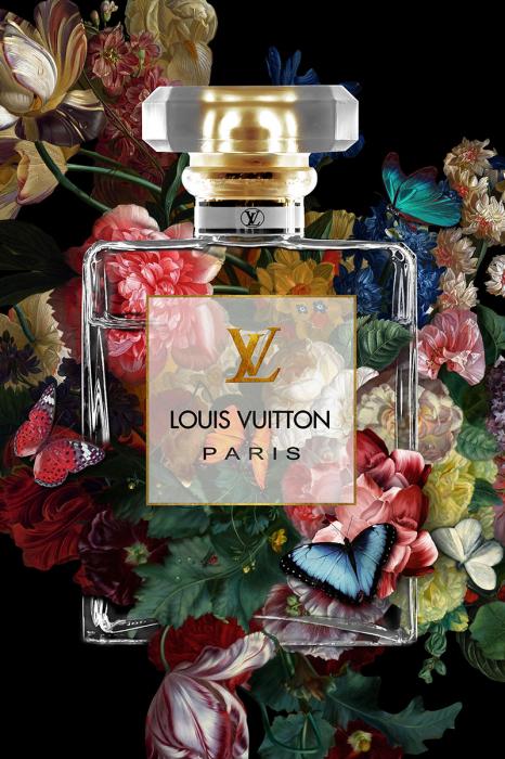 glasschilderij louis vuitton parfumflesje en bloemen GLAS080120C-736