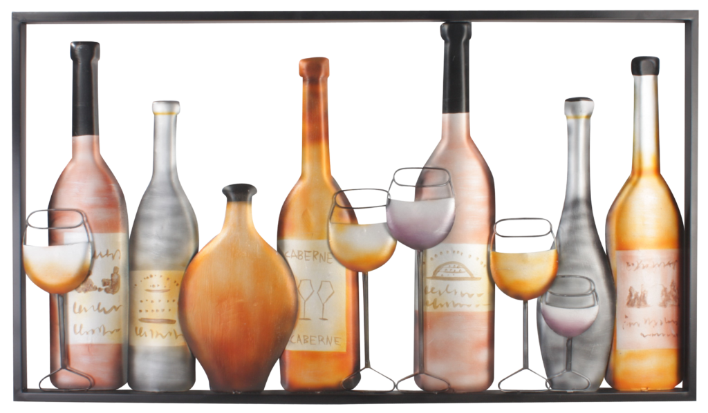 metalen wanddecoratie wijnflessen en glazen in een rek 1282